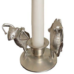 Vtg Cast Metal Silver Toned Candle Stick Holder Figural Dancing Musical Mice